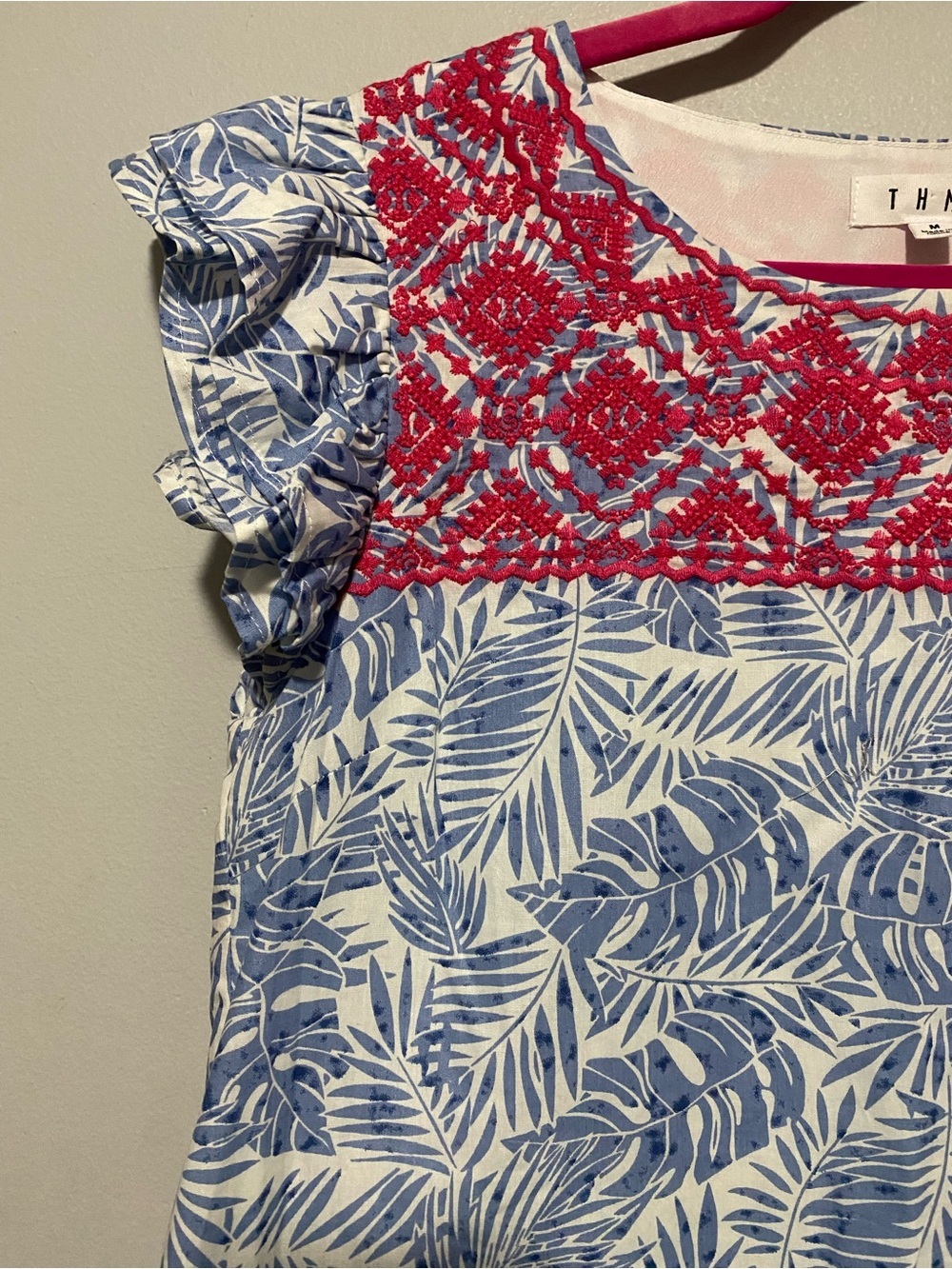 THML Blue and Fuchsia Embroidered Sheath Cotton Dress Medium Boho Coastal Preppy - Picture 5 of 8